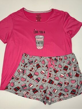 Pillow Talk pink “love you a latte” pajama set, large, soft, coffee design